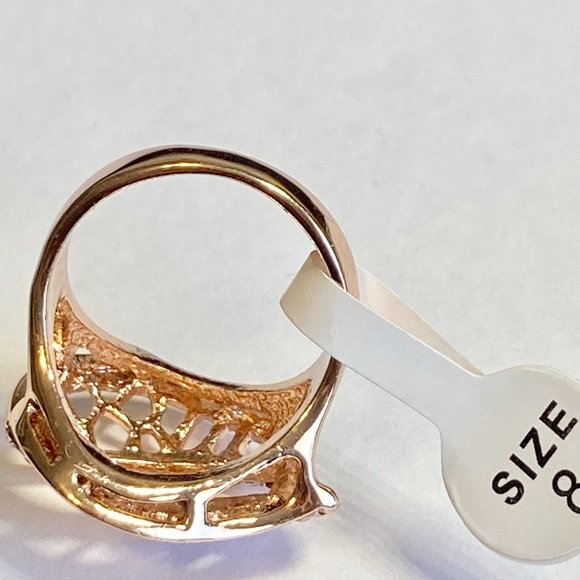 Art Deco Cocktail Ring Size 8 9 Rose Gold Plated Filigree Crystal Vintage Style - Picture 8 of 10